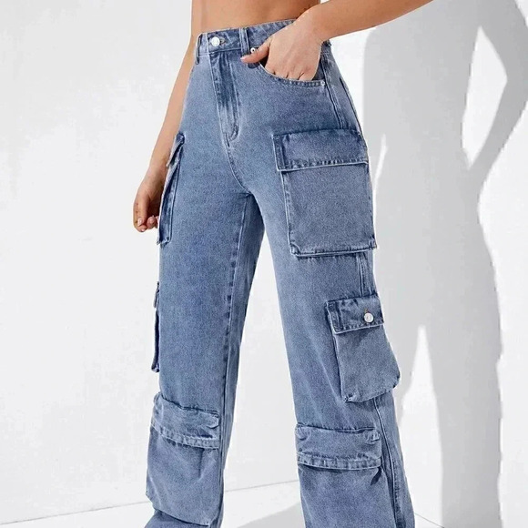 Casual High Waisted Flap Pocket Cargo Jeans Blue - Picture 5 of 5